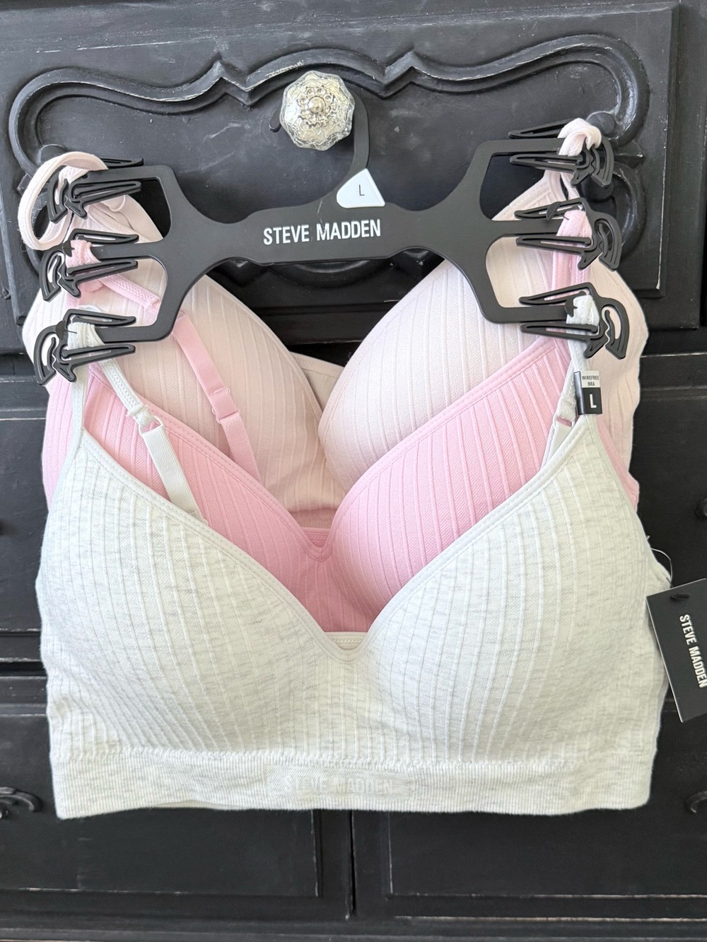 Steve Madden Ribbed Wire-Free Bralette Set in Pink & Light Gray